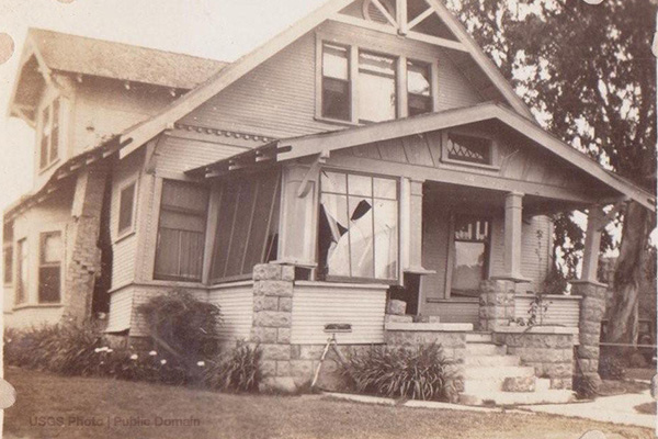 Image: Earthquake-damaged house in Long Beach with architectural style resembling Humboldt County