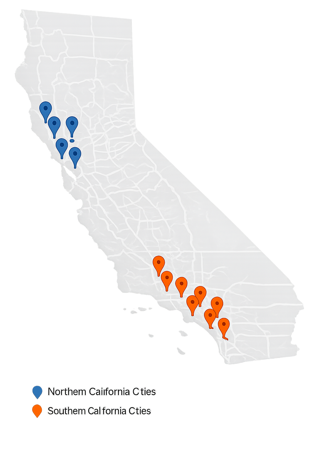 Map of participating California cities. A complete text list of participating cities is provided immediately below this map.